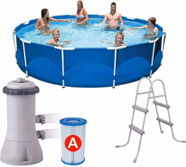 Intex Round Metal Frame Pool with Filter Pump and Ladder in Blue (Diameter: 305 cm)
