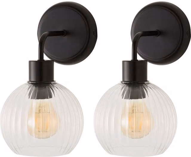 ValueLights Maddison Clear Ribbed Glass Globe Metal Wall Light Fitting in Matte Black