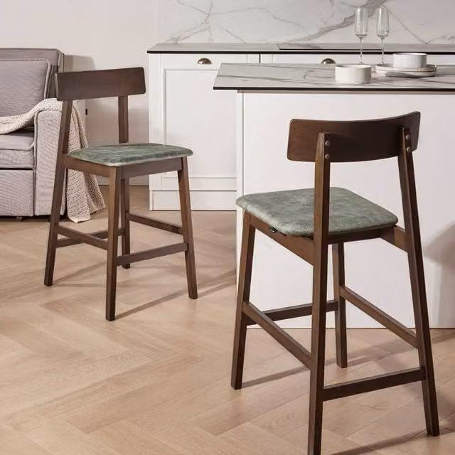 Wyld and Coco Everwood Two Piece Bar Chair Set in Dark Brown and Green Velvet Upholstery