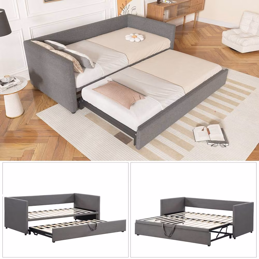 BTM Grey Upholstered Modern Daybed with Pull-Out Bed, W/D/H: 190 x 90 x 73 cm – 4