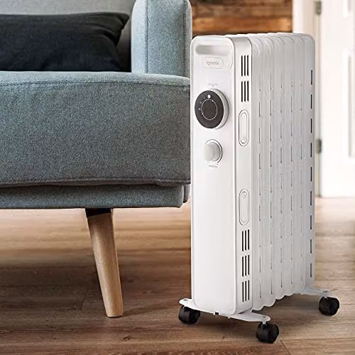 Igenix 1500W Oil Filled Radiator, White Freestanding Metal Heater with Overheat, Tilt and Thermostat Protection – 2