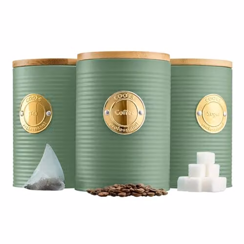 Cooks Professional 3 Piece Ribbed Stainless Steel Tea, Coffee and Sugar Canister Set with Airtight Bamboo Lids in Green and Gold – 1