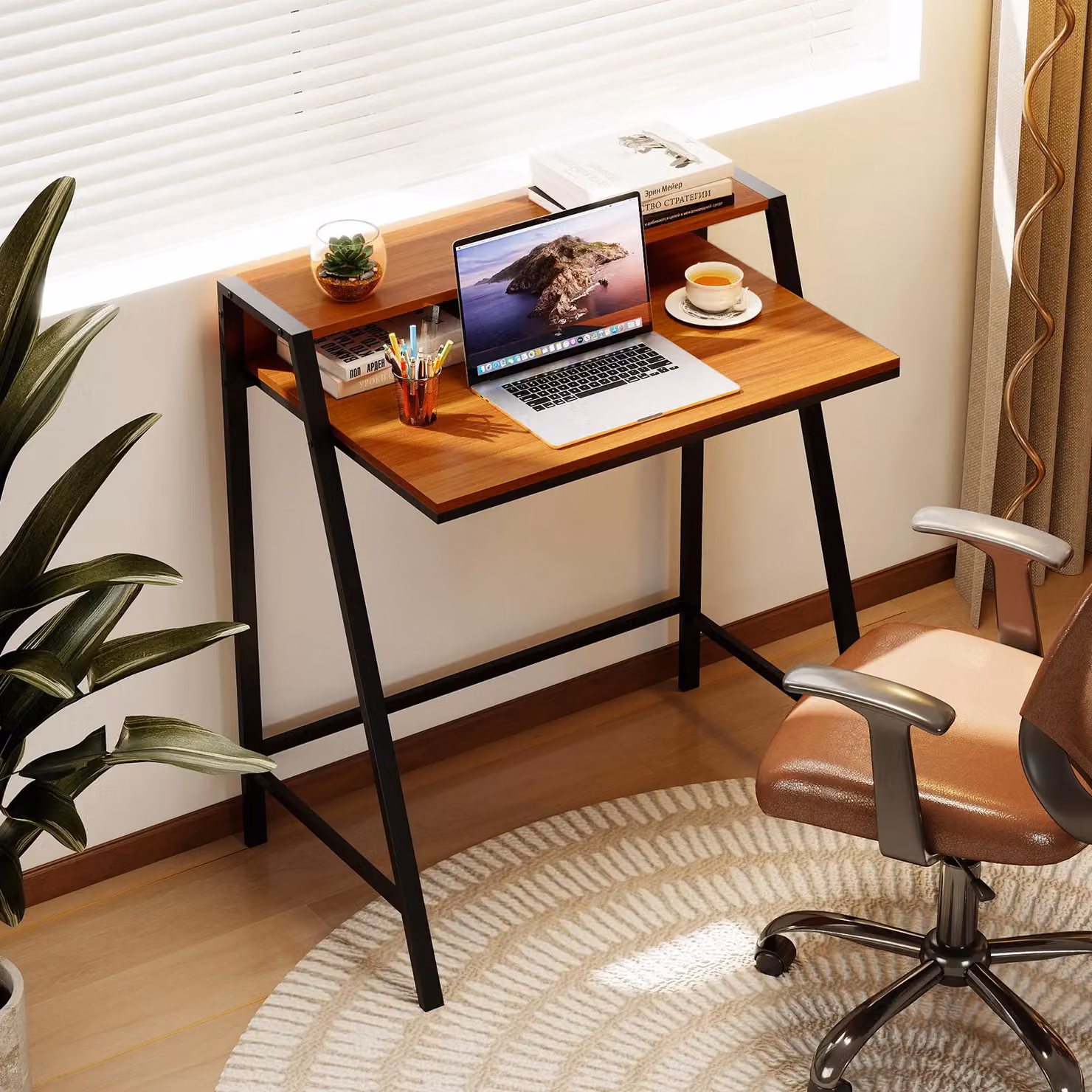 Gymax Compact Brown Computer Desk with Monitor Stand – 3