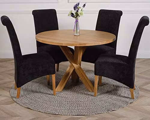 Thats Furniture Oregon Round Oak Dining Table and 4 Montana Fabric Chairs in Black and Grey, Diameter: 110 cm – 1