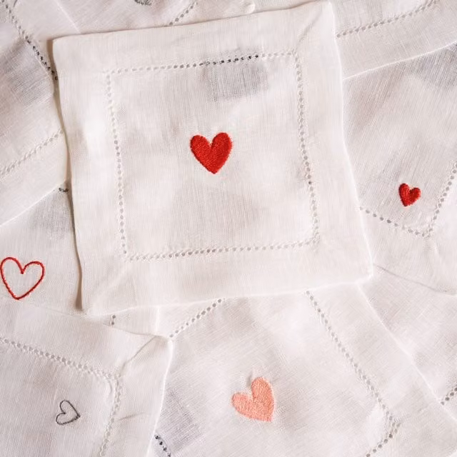 Mafra White Linen Table Linens with Embroidered Hearts in Shabby Chic Style