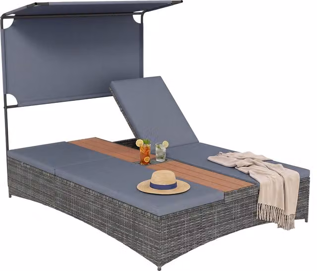 COSTWAY Modern 2 Person Rattan and Metal Sun Lounger in Grey