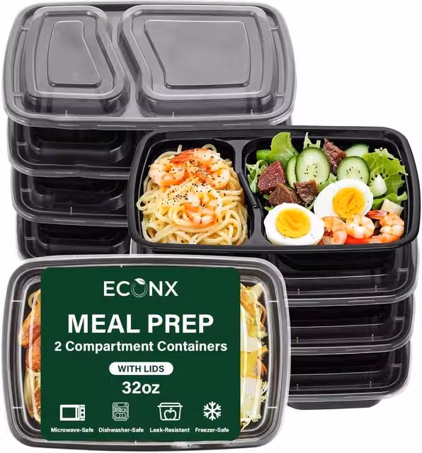ECONX 2 Compartment Meal Prep Bento Lunch Boxes, Black, 30 Pack