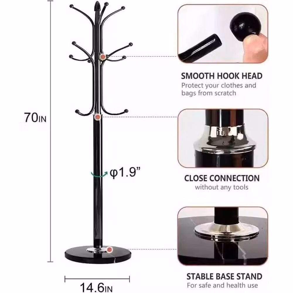VOGREX Modern Black Coat Stand with 12 Hooks and Umbrella Holder, Height: 180 cm – 2