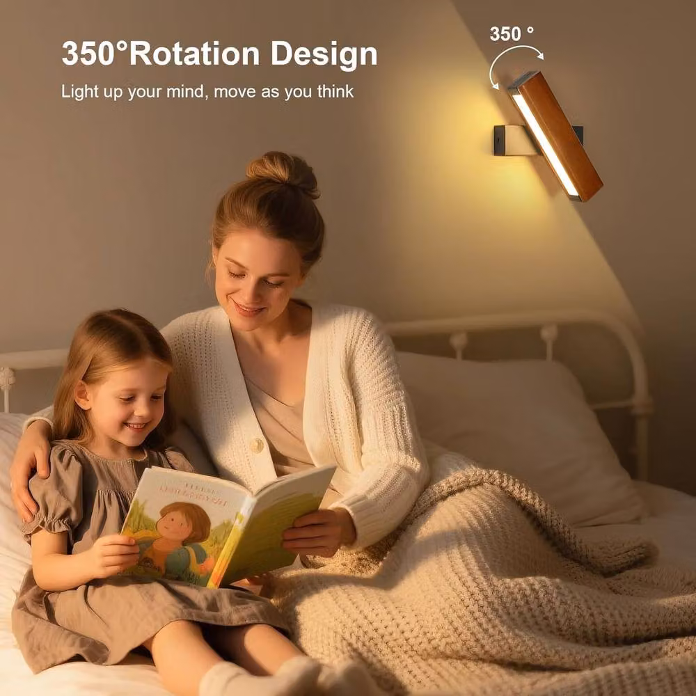Goeco Wooden LED Wall Light in Black with 350 Degree Adjustable Rotation and 3000K Warm White Light – 5