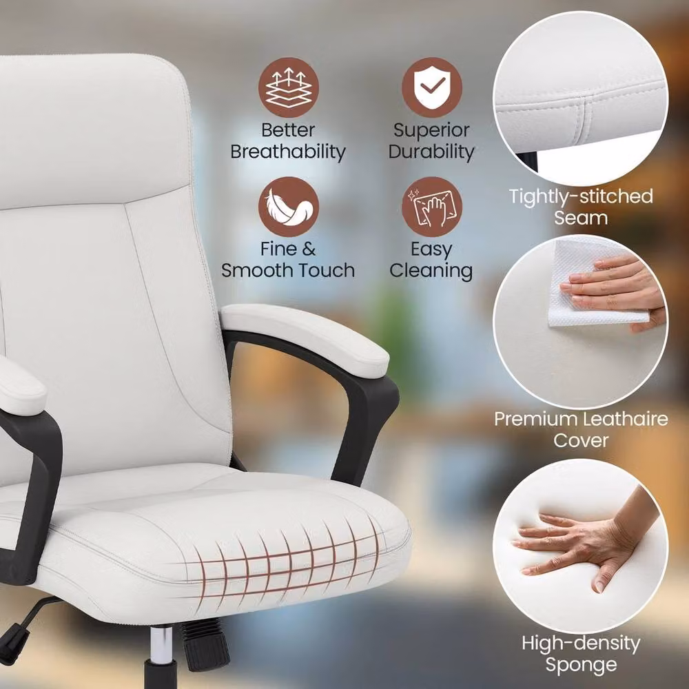 VOGREX Ergonomic Executive Office Chair in White Synthetic Leather with Headrest and Armrests – 2