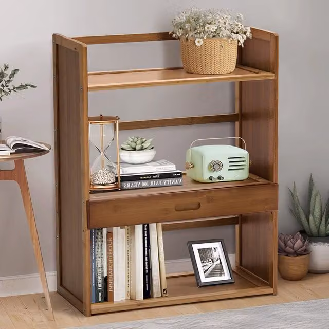 Livingandhome 3-Tier Bamboo Desktop Bookshelf with Drawer in Brown