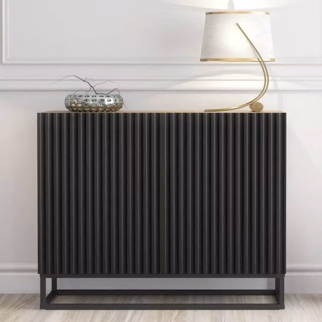 Creative Furniture Ripple Sideboard in Dark Brown and Oak with Black Fluted Doors, W: 100 cm, H: 80 cm, D: 35 cm – 1