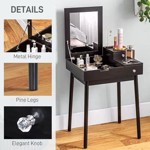 HOMCOM Modern Black Dressing Table with Flip-up Mirror and 2 Drawers – 5