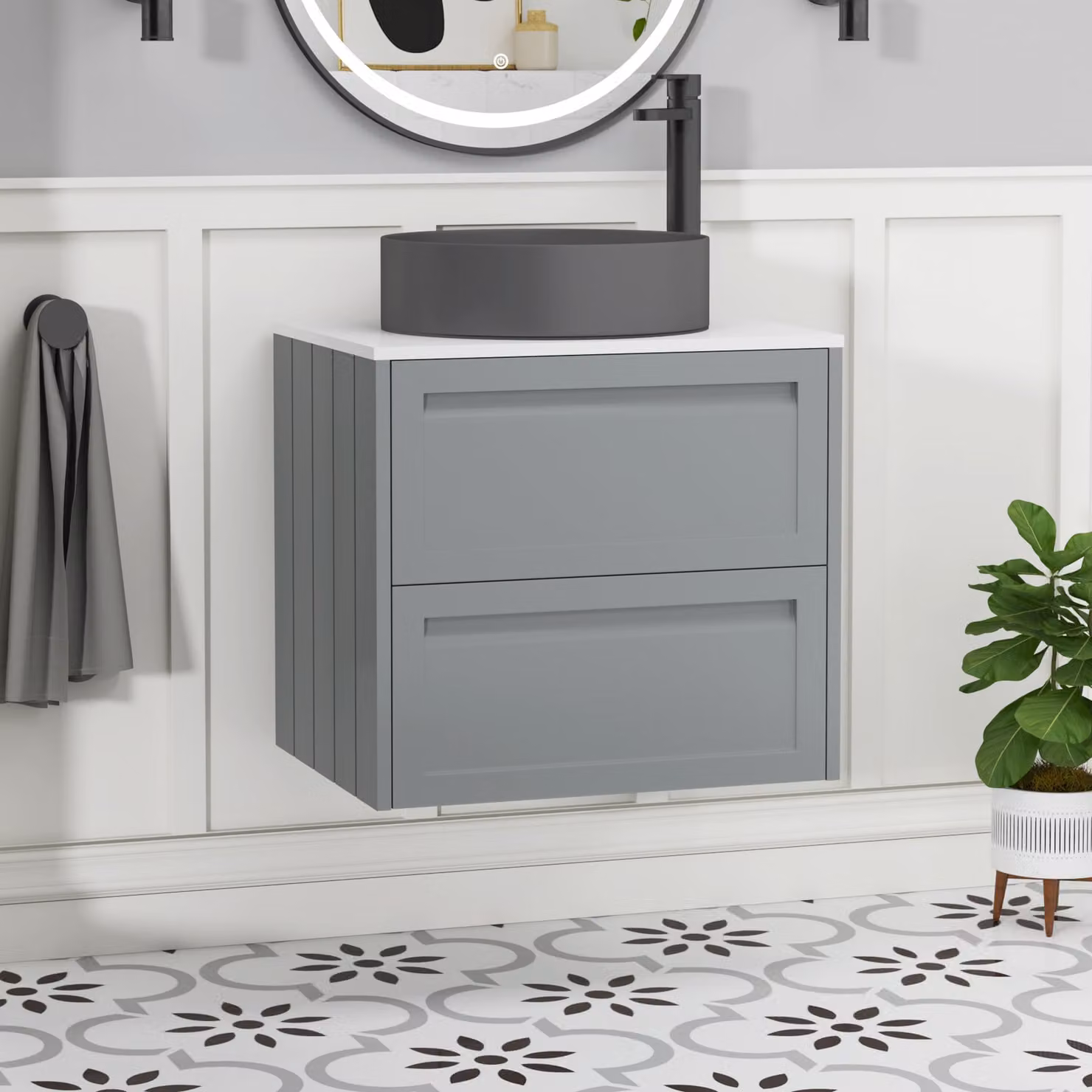 Royal Bathrooms Elmore Wall Hung Vanity Unit with 2 Drawers, Matt Pebble Grey and Plain White Worktop with Art Round Basin, Width: 60 cm