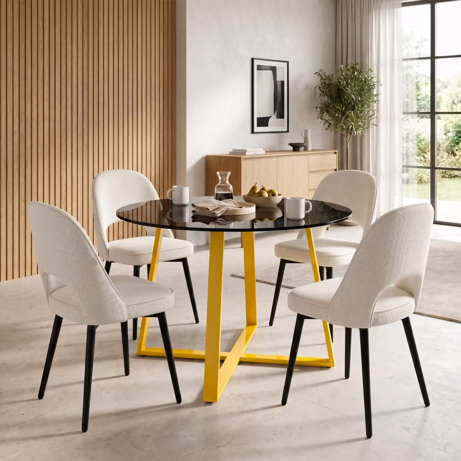 DHS Modern Round Glass Dining Table and 4 Chairs Set in White