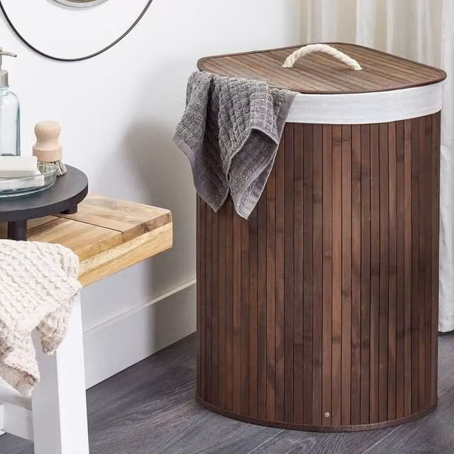 Wyld and Coco Triangular Bamboo Laundry Basket with Lid and Removable Fabric Liner in Brown