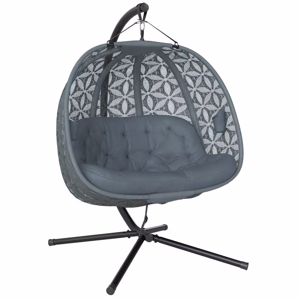 OUTSUNNY Double Hanging Swing Chair with Stand and Cup Holders, Charcoal Grey – 2