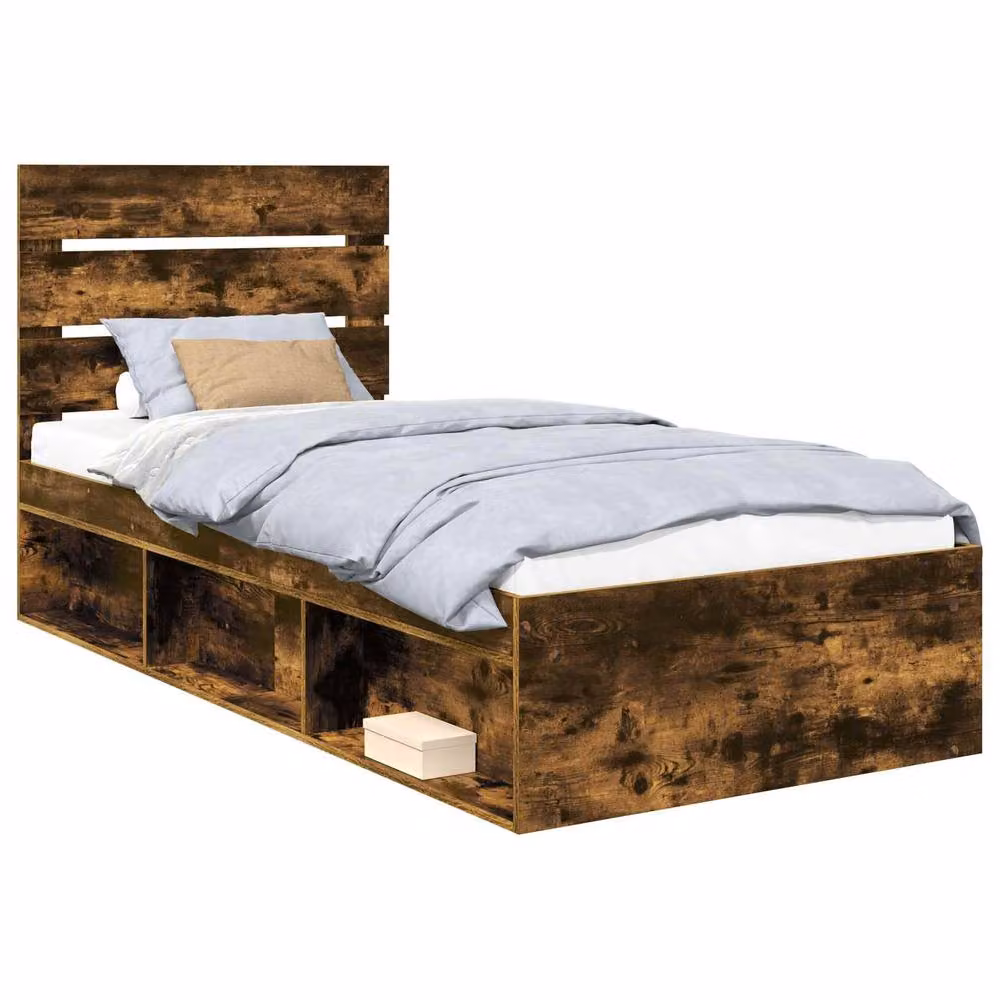 Berkfield Home Modern Bed Frame with Headboard in Smoked Oak and Brown Solid Pine Wood, W/D/H: 90 x 200 cm – 2