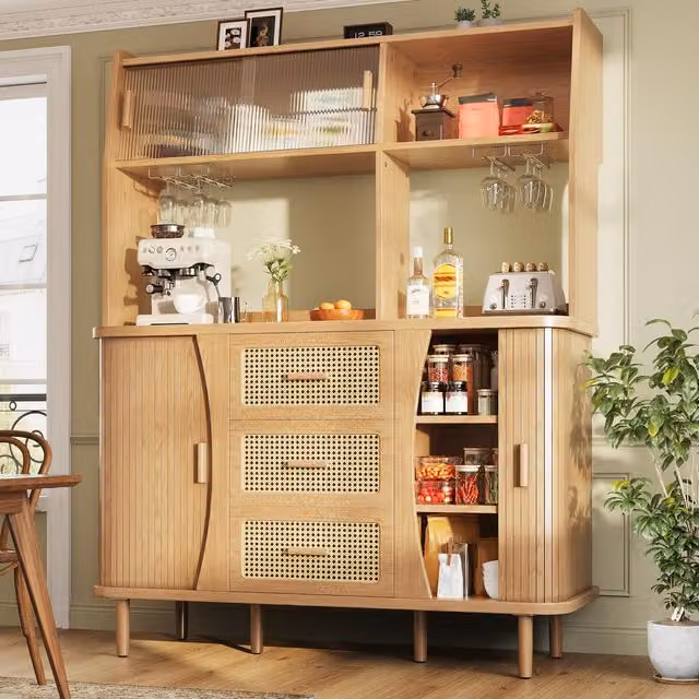 Aosom UK Brown Tall Wood Sideboard with Wine Glass Holders and Sliding Doors, W/D/H: 140 x 40.5 x 174.5 cm