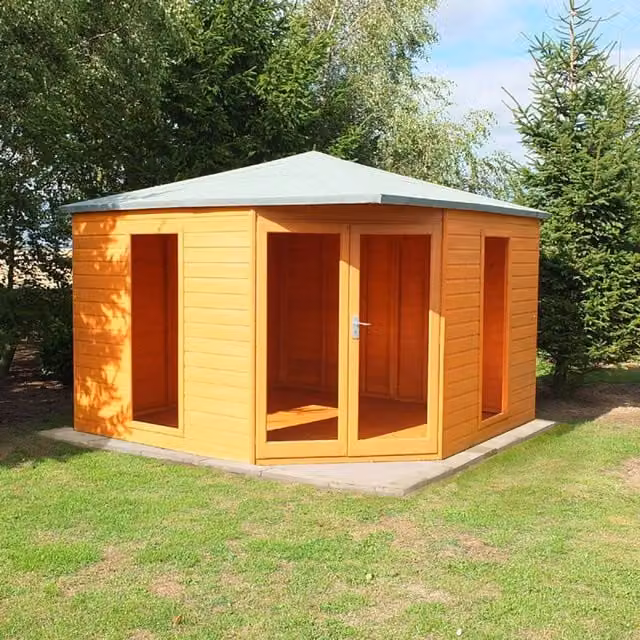 Shires Larkspur Wooden Summerhouse with Double Doors and Two Fixed Windows, Light Brown, W/D/H: 304.8 x 304.8 x 243.8 cm