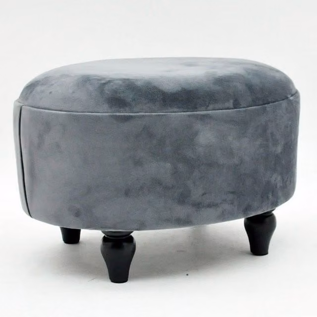 Minster Oval Velvet Footstool in Grey, W: 40 cm, D: 27 cm, H: 30 cm