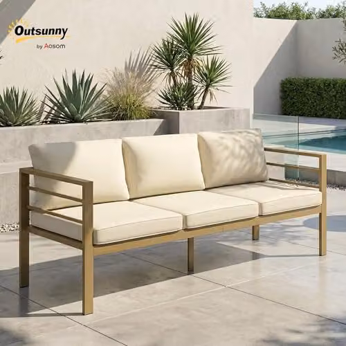 Outsunny 3-Seater Upholstered Garden Sofa with Powder Coated Aluminium Frame, White, W/D/H: 185 x 66 x 64 cm – 2