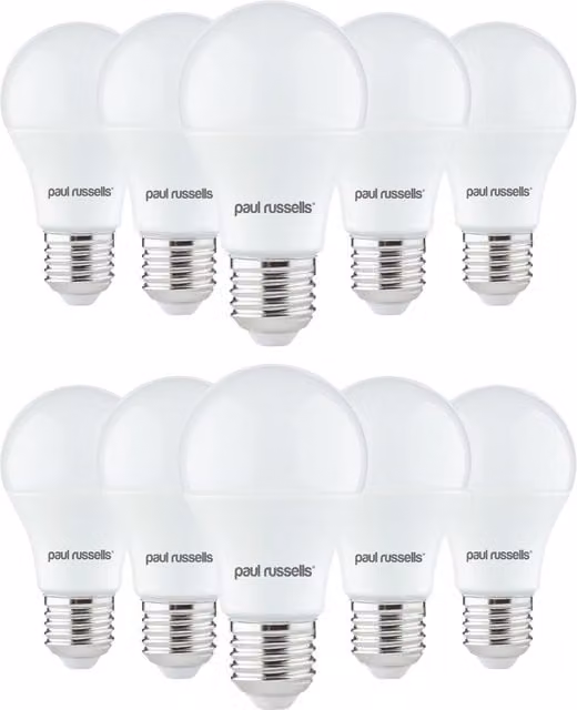 Paul Russells 10 Pack 60W LED E27 Globe Bulbs, Warm White 2700K, White