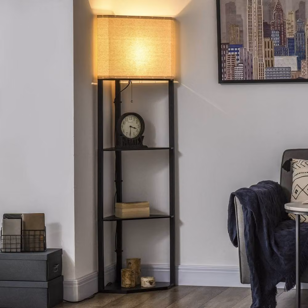 HOMCOM Black Modern Corner Floor Lamp with Wood Shelves and Fabric Shade, H: 159 cm x W: 37 cm x D: 37 cm – 4