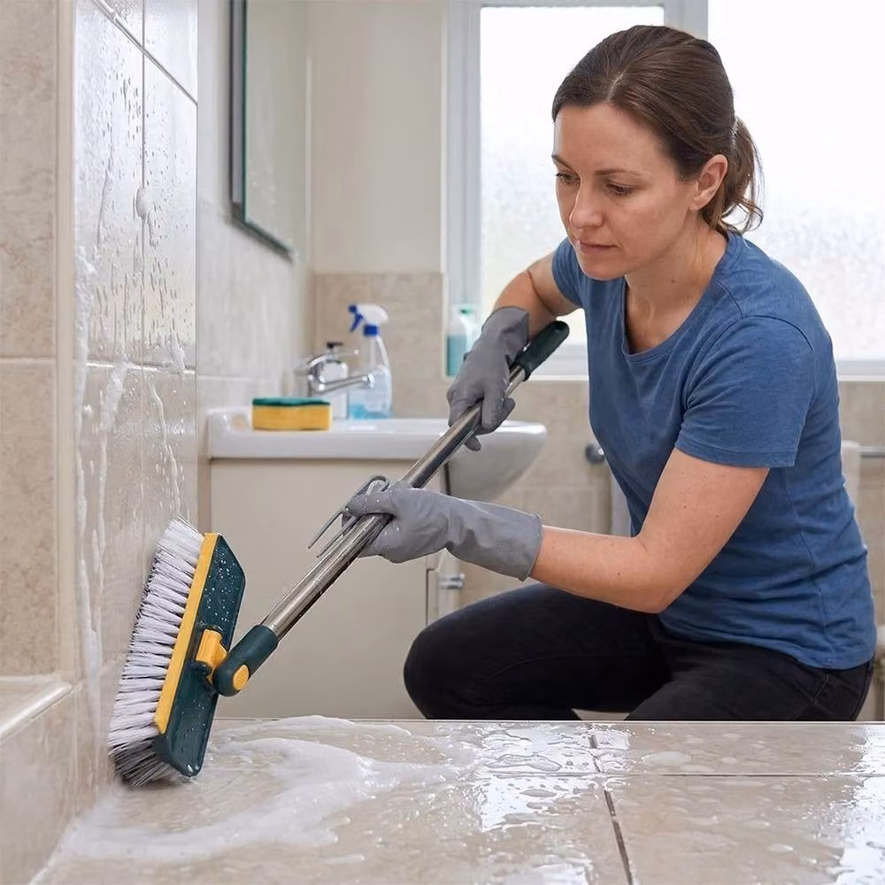 KORVIXA 3-in-1 Green Bathroom Floor and Wall Brush with Telescopic Handle and Scraper, W/D/H: 100 x 100 x 100 cm – 5
