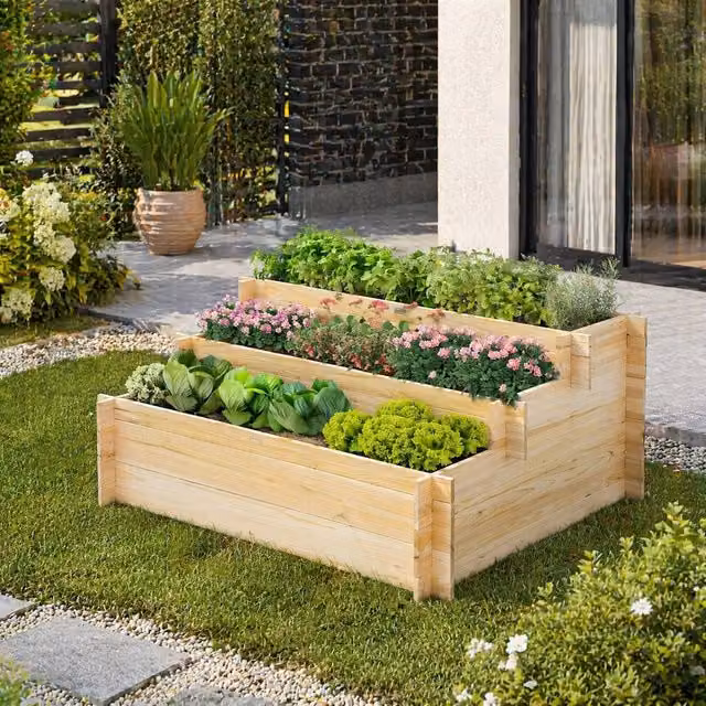 STILVORA 3 Tier Raised Garden Bed with 9 Grow Grids in Natural Brown Wood, W/D/H: 117 x 105 x 54 cm