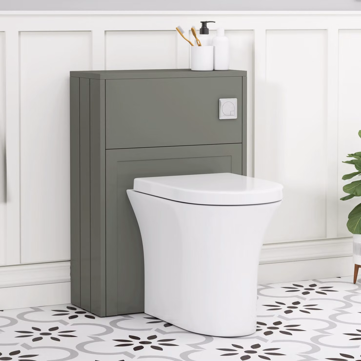 Royal Bathrooms Elmore Wall Mounted WC Unit in Matt Green with Breeze Rimless Ceramic Toilet Pan, Seat and Cistern, Width: 55 cm