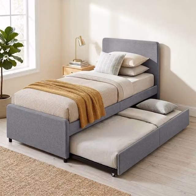 HOMCOM Upholstered Single Bed with Pull Out Trundle and Drawers, Dark Grey, W: 90 cm, L: 190 cm