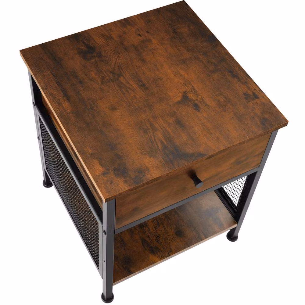 tectake Killarney Bedside Table with Shelf, Drawer and Open Storage in Brown – 9