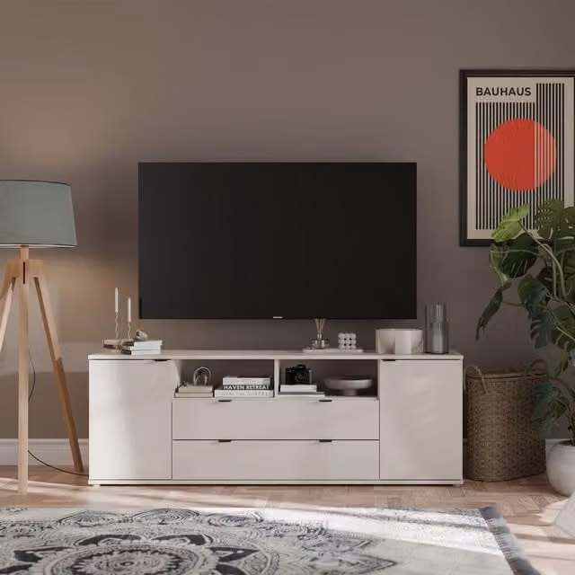 Furniture To Go Ganymede Wide TV Unit with Open Shelving, 2 Drawers and 2 Doors in Sand and White