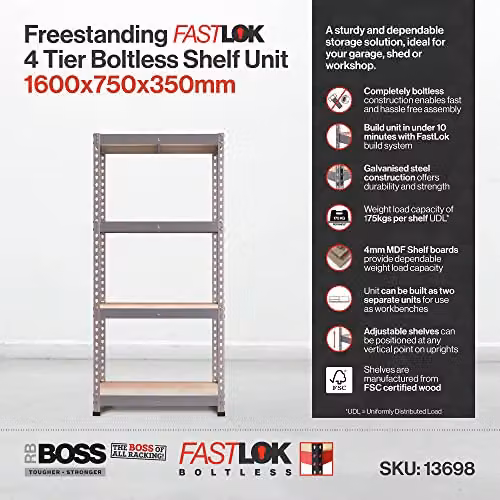 RBUK RB BOSS FastLok 4 Tier Garage Shelving Units in Silver, Galvanised Steel and MDF, W/D/H: 160 x 35 x 160 cm – 3