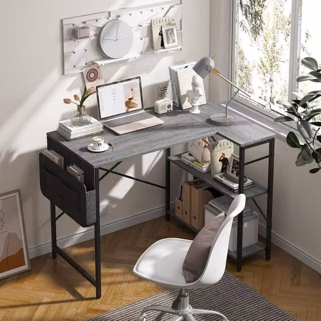 Huhote L-Shaped Corner Computer Desk in Grey with 2 Shelves and Storage Bag, W/D/H: 100 x 70 x 75 cm – 1