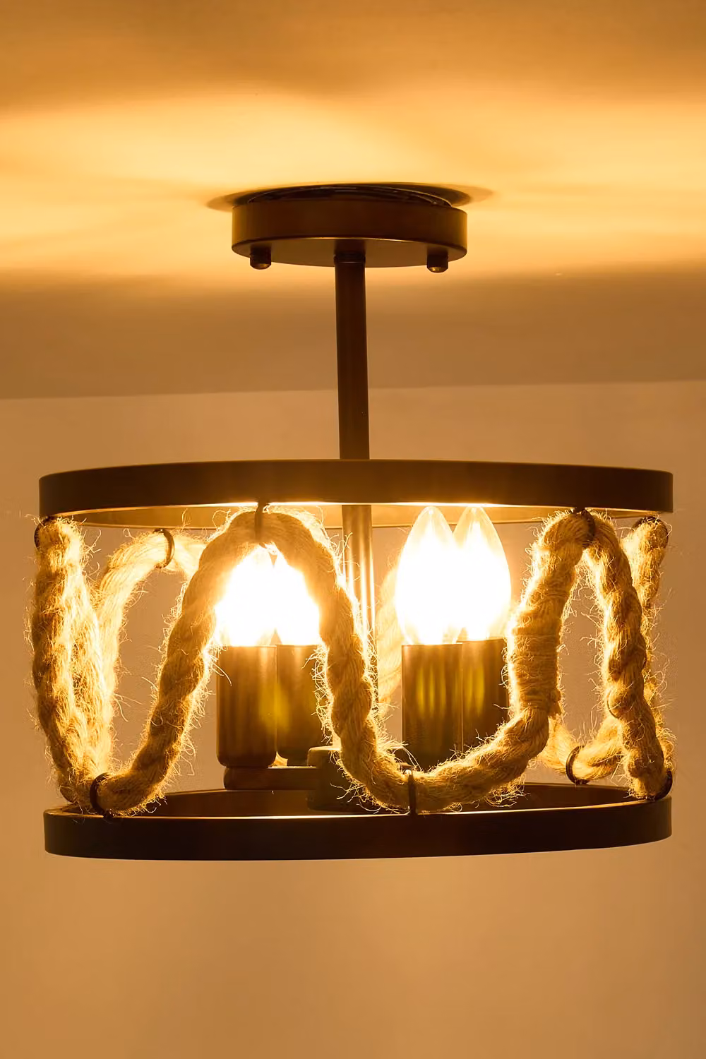 Living and Home Rustic Black Metal and Hemp Ceiling Light with Warm White Bulb – 3