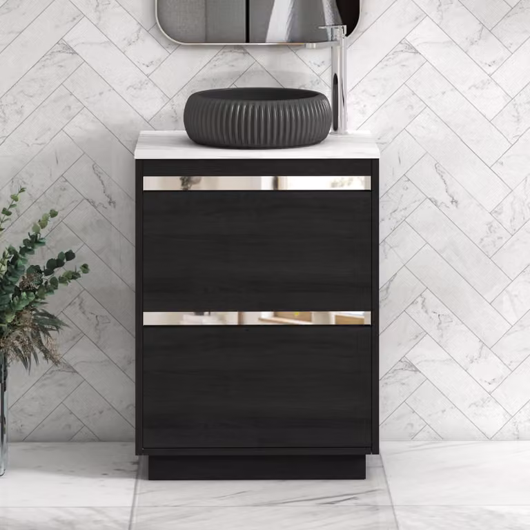 Royal Bathrooms Orion 800mm Hale Black Floor Standing Vanity Unit with Milan Black Basin and Carrara White Countertop, 2 Drawers and Chrome Accent Trim