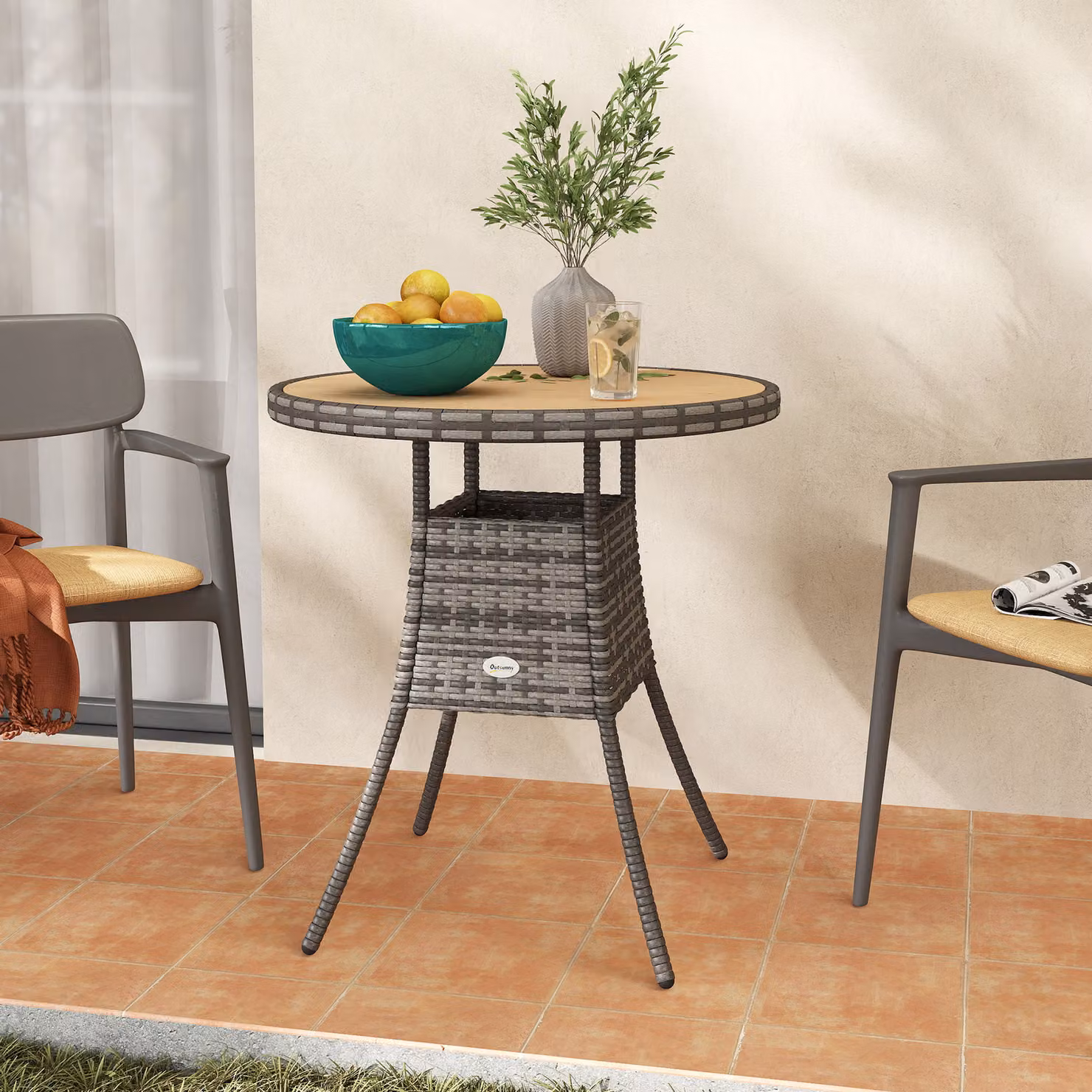 Outsunny Round Rattan Garden Table in Brown with Wood-Effect Finish – 6