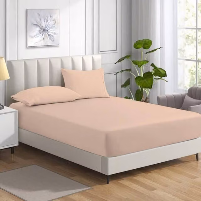 Homes-Linen Non Iron Polycotton Percale Fitted Sheet, Beige, Size: Double, W/D/H: 140 x 200 x 25 cm