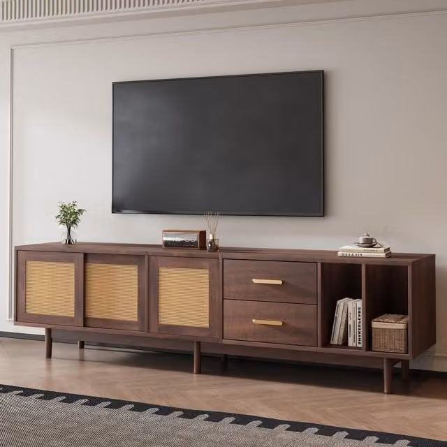 Aosom UK Modern Wood TV Stand Cabinet with Rattan Sliding Doors and 2 Drawers, Brown, W: 190 cm, D: 40 cm, H: 52 cm
