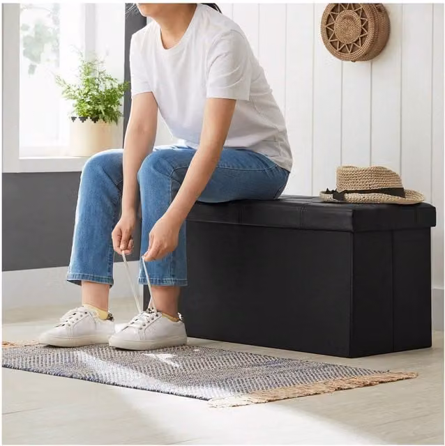 SONGMICS Collection Storage Ottoman Bench in Black Synthetic Leather, W: 76 cm, D: 38 cm, H: 38 cm