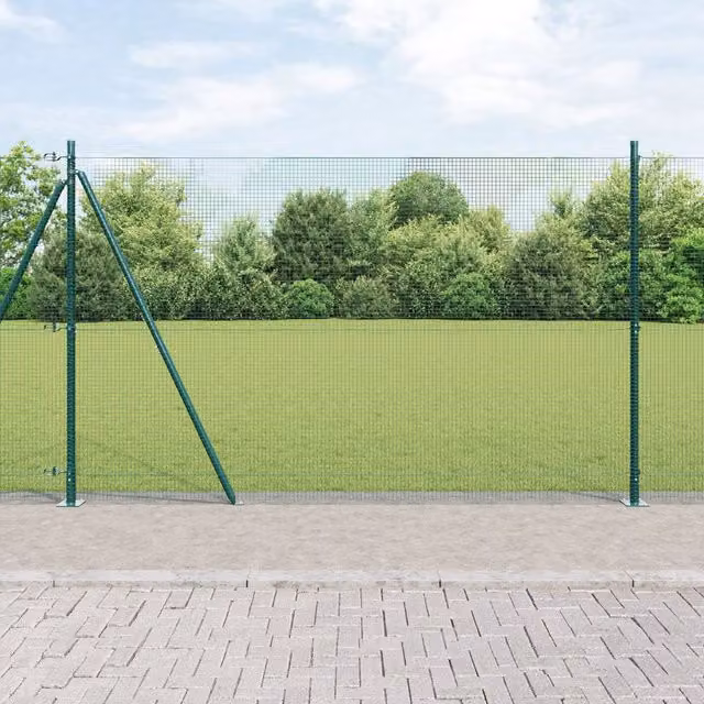 Berkfield Home Green Steel Welded Wire Fence with 7 Flanged Posts, W: 10 m, H: 1.6 m