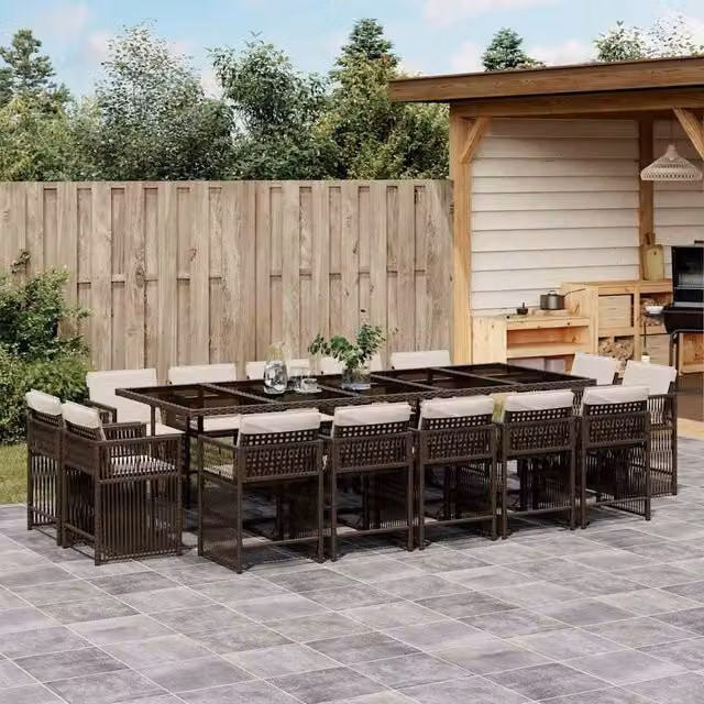 Berkfield Home 15 Piece Brown Poly Rattan Garden Dining Set with Cushions