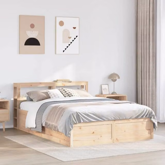 Berkfield Home Sleek Bed Frame with Headboard in Beige Solid Pine Wood, W/D/H: 140 x 200 x 82 cm