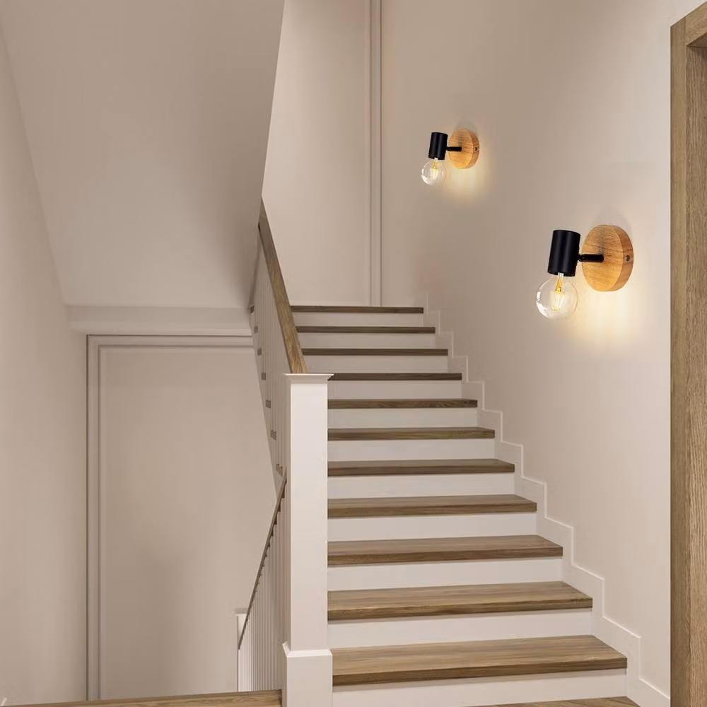 Pheashine Set of 2 Industrial Wood and Metal Wall Sconces in Black and Brown, Height: 11 cm, E27 – 5
