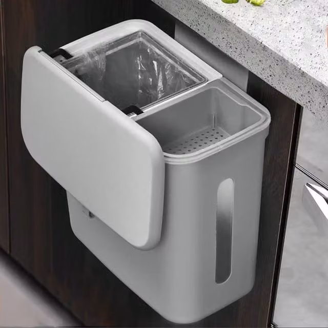 Livingandhome White and Grey Wall Mounted Hanging Kitchen Trash Bin with Flip Lid