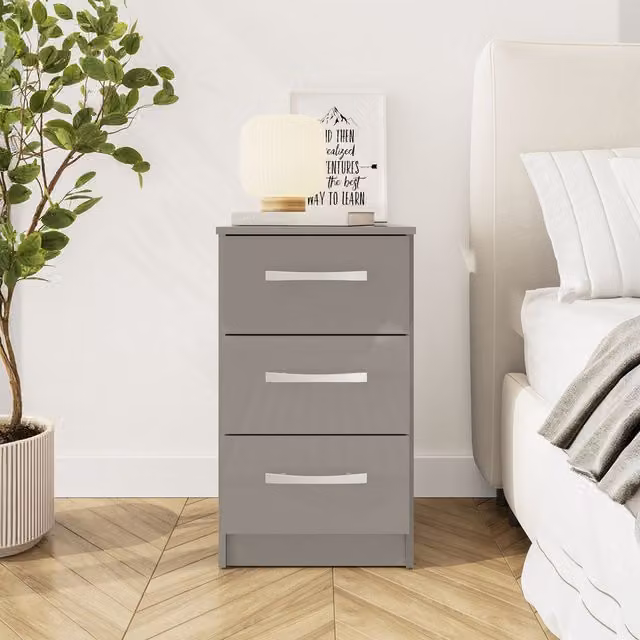 Birlea Lynx Modern 3 Drawer Bedside Table in Grey and Silver Glossy Walnut Finish