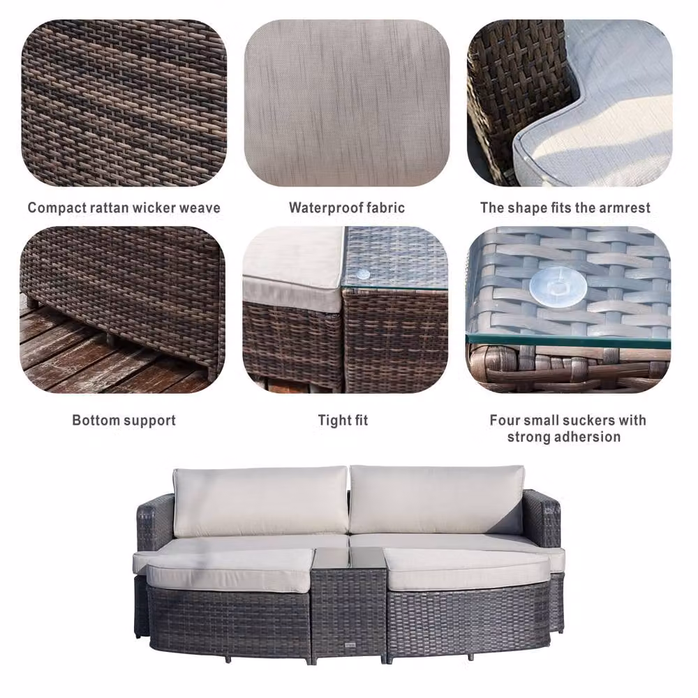 Direct Wicker Brown L-Shape Outdoor Garden Furniture Set with 2-Seater Sofa, Ottoman, Coffee Table and Upholstered Cushions – 3