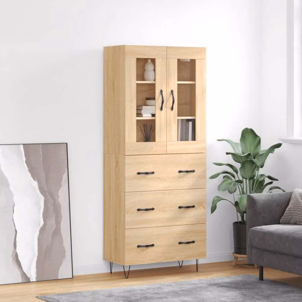 Berkfield Home Sonoma Oak Highboard in Tan with Glass Doors, W/D/H: 69.5 x 34 x 180 cm – 2
